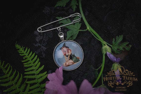 Vintage Style Pinup Witch Photo Brooch with Kilt Pin, Witch Hat Accessory, Witchcore Jewelry, Halloween Pin, Instant Witch Relative!