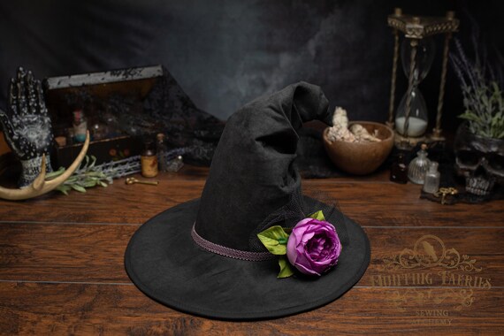 Amara the Black Faux Suede Witch Hat with Pink Peony