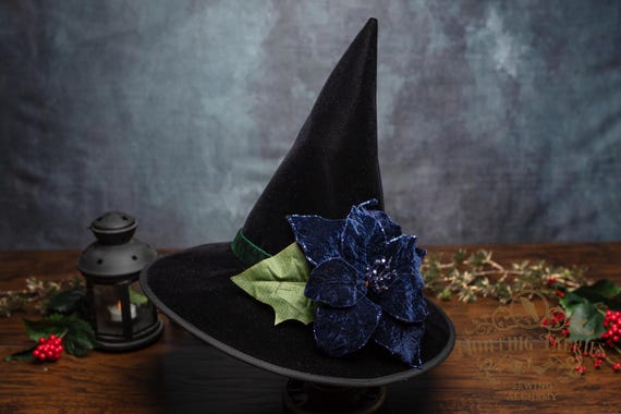 Sparrow~ Yule Witch Hat in Black Velvet: With Purple Poinsettia