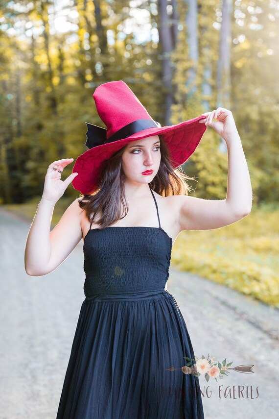 Estella the Curl Back Witch Hat in Burgundy Felt, Back curled witch hat, large brim hat, hedge witch hat, ren faire hat, wizard hat
