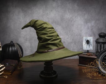 Freya~ Olive Felt Wizard Hat: Crooked Witch, Hedge Witch Costume