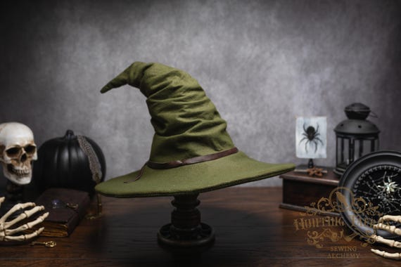 Freya~ Olive Felt Wizard Hat: Crooked Witch, Hedge Witch Costume