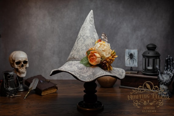 Witch Hat ~Heather~ Slouchy, Damask Linen, Floral and Feather Accent