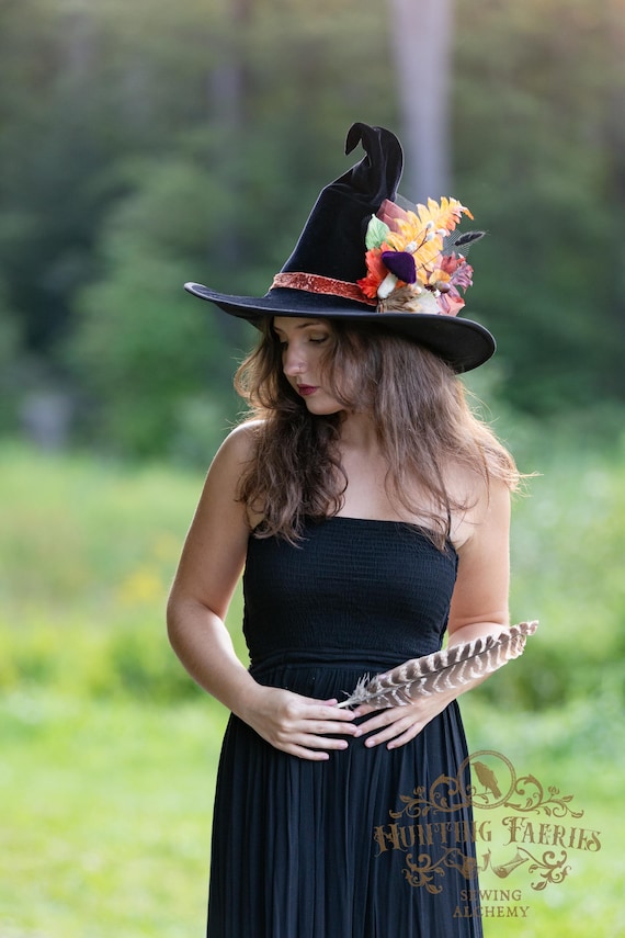 Solstice Black Velvet Witch Hat: Woodland/Forest Theme, Mushroom Accent, Ren Faire/Halloween Costume