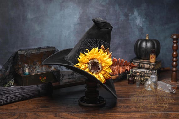 Hester~ Black Velvet Crooked Witch Hat: Autumn Sunflower & Leaves, Ren Faire/Witch Costume
