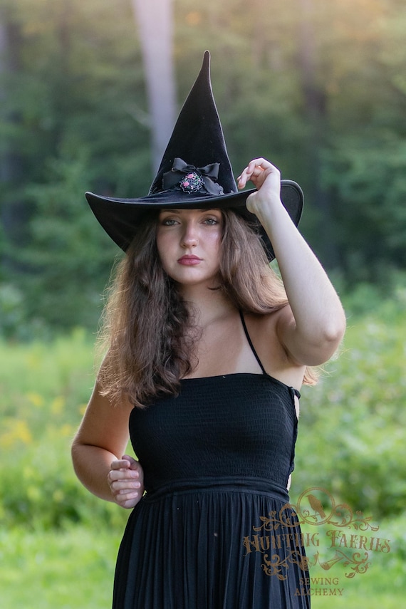 Sparrow Black Velvet Witch Hat: Hand Embroidered Cameo Pin, Lace Band