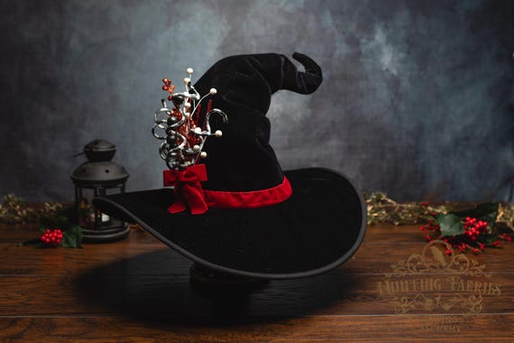 Holly~ Yule Witch Hat in Black Velvet with Crooked Cone & Red/White/Black Accents
