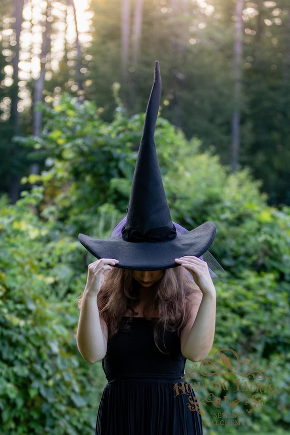 Wren Tall Black Felt Witch Hat: Adjustable Cone, X-Large Brim, Ren Faire/Halloween Costume