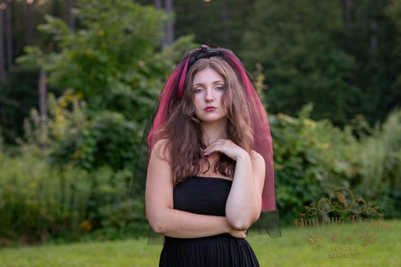 Black and Burgundy Tulle Veil with Bow Pin, Victorian Mourning Veil, Goth Veil, Wedding Veil, Halloween Costume Headpiece, Vampire Veil