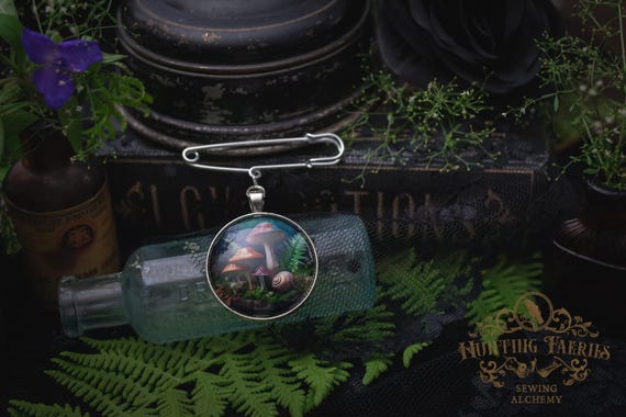 Vintage Style Mushrooms and Snail Brooch with Kilt Pin, Witch Hat Accessory, Witchcore Jewelry, Halloween Pin, Halloween Aesthetic