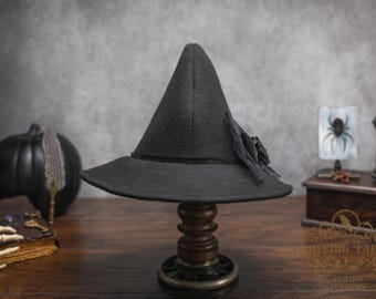 Ophelia Vintage Style Black Felt Witch Hat: Lace and Velvet Bow & Bird Skull Pin, Dark Academia