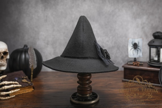 Ophelia Vintage Style Black Felt Witch Hat: Lace and Velvet Bow & Bird Skull Pin, Dark Academia