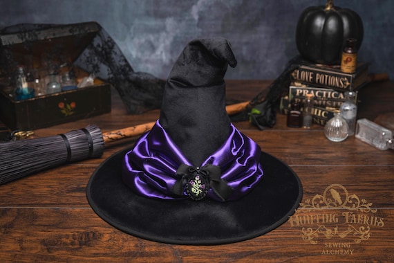 Hester~ Black Velour Witch Hat: Crooked, Purple Satin Scarf, Hand Embroidered Pin Belladonna, Nightshade
