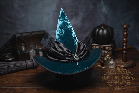 Adeline~ Cyan Witch Hat: Black Satin Scarf and Hand-Embroidered Moth Cameo