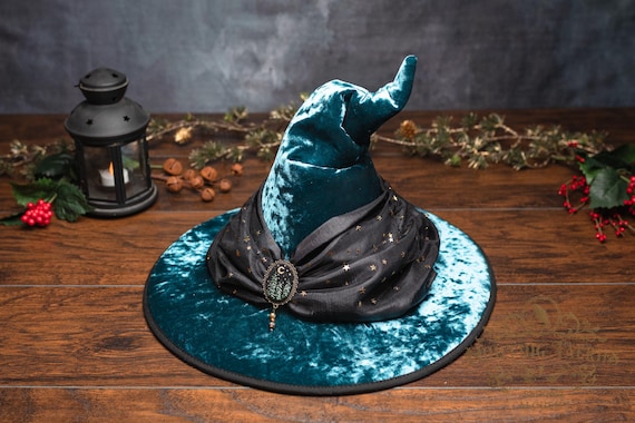 Yule Witch Hat "Starry Night" in Blue~Green: With Night Forest Brooch