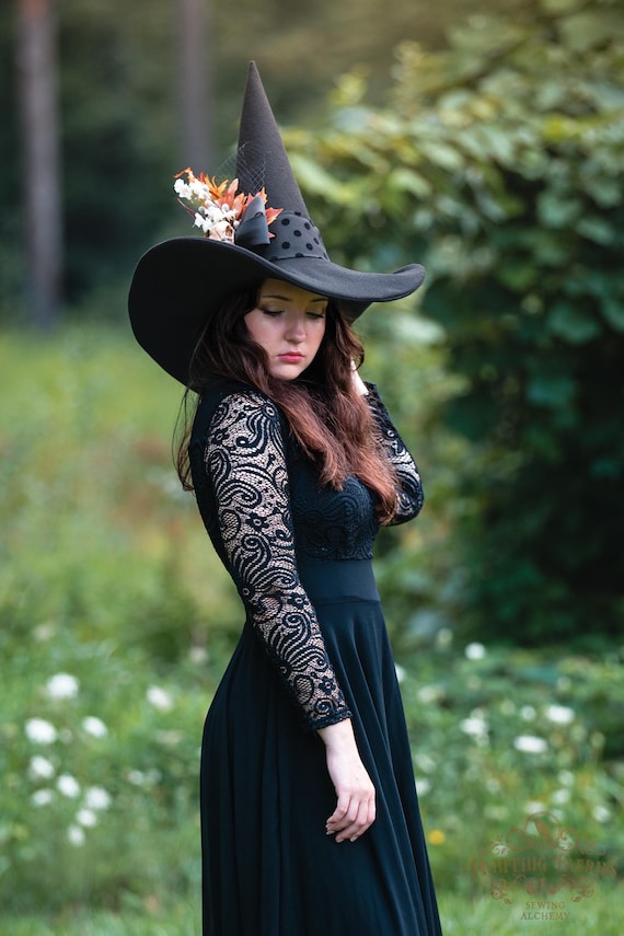 Wren Classic Black Felt Witch Hat: Crow Skull & Floral Decor, Large Wired Brim