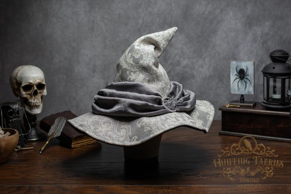 Witch Hat ~Misty~ Slouchy, Damask Linen, Scarf Band, Crescent Moon Accent