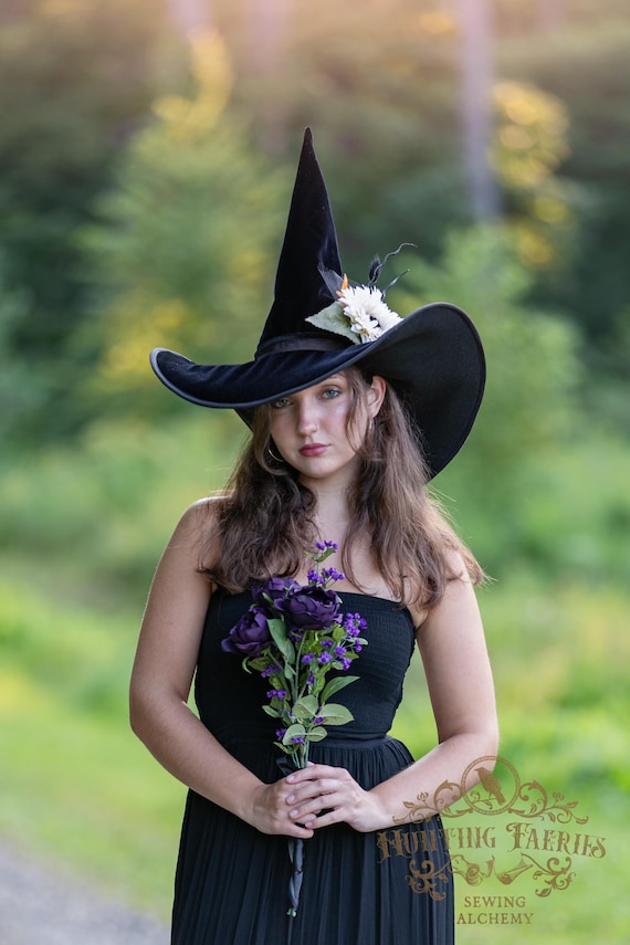 Starling Black Velvet Witch Hat: Sunflower Accent, Extra Large Brim