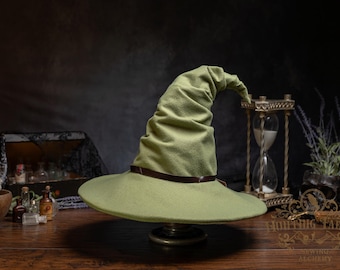 Freya~ Green Moss Felt Wizard Hat: Crooked Witch,  Hedge Witch Costume
