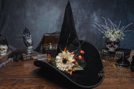 Starling Black Velvet Witch Hat: Sunflower Accent, Extra Large Brim