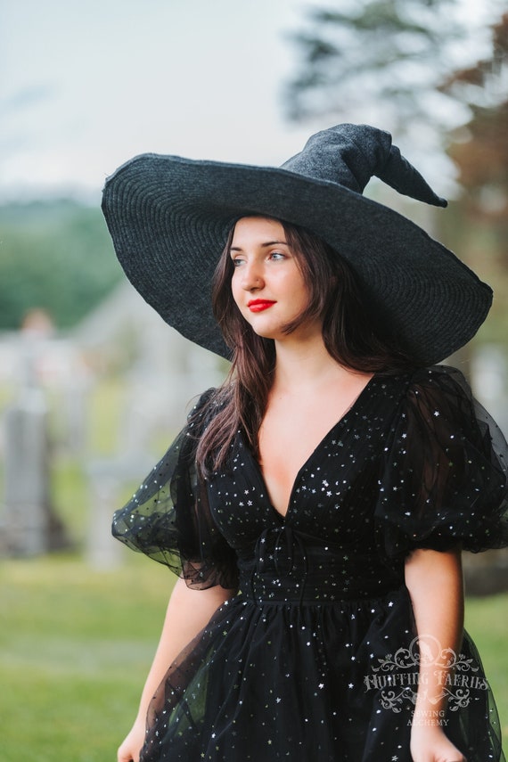 Beatrice Extra Large Brim Witch Hat in Charcoal Felt, crooked witch hat, ren faire hat, sorceress hat, hedge witch hat, classic witch hat