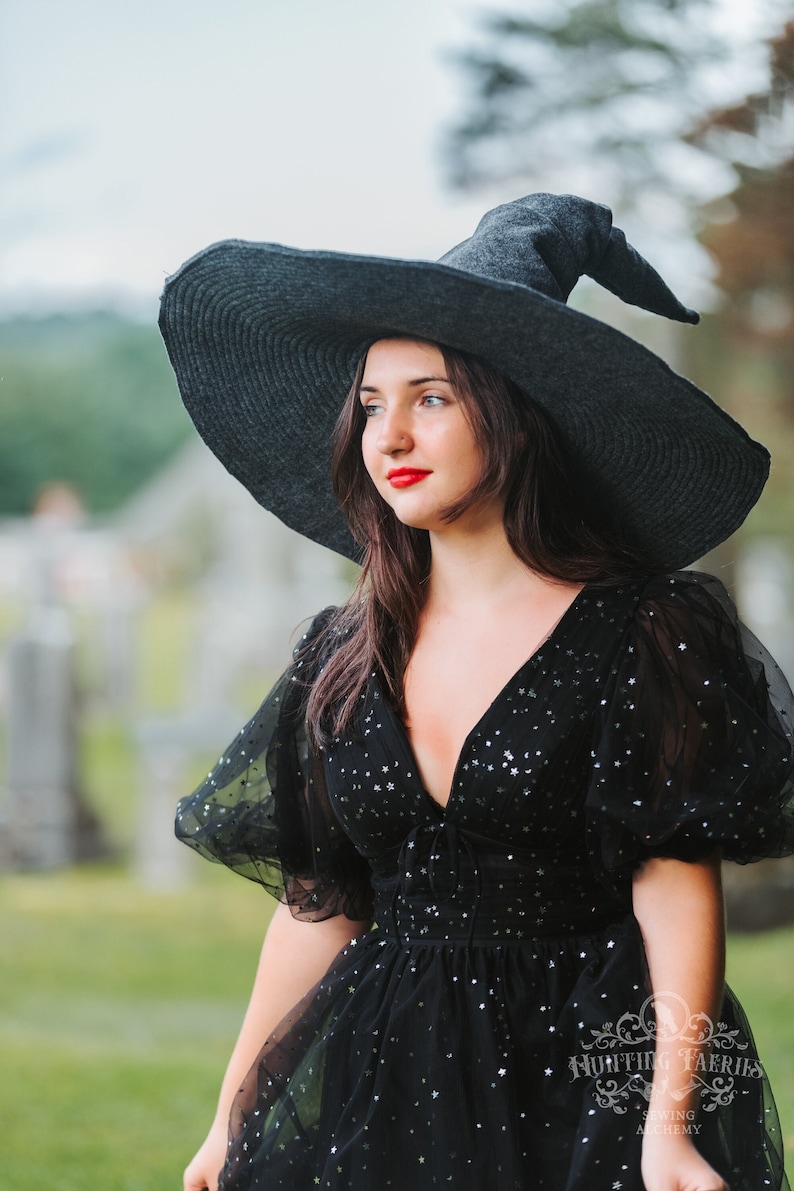 Beatrice Extra Large Brim Witch Hat in Charcoal Felt, crooked witch hat, ren faire hat, sorceress hat, hedge witch hat, classic witch hat Back Wave