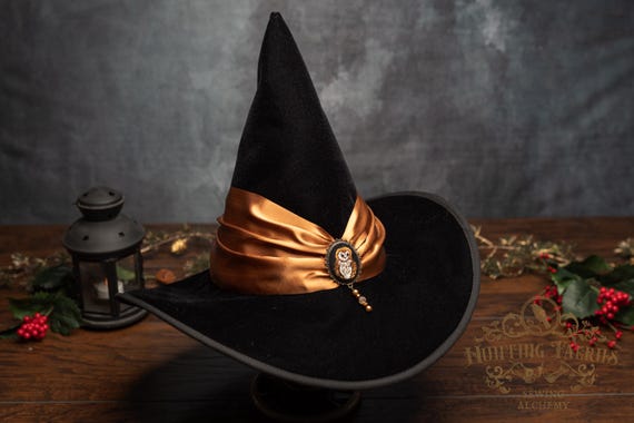 Yule Witch Hat in Black Velvet: Gold Band and Embroidered Barn Owl Brooch
