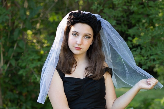 Day of the Dead Headpiece Black Roses Glow in the Dark Tulle