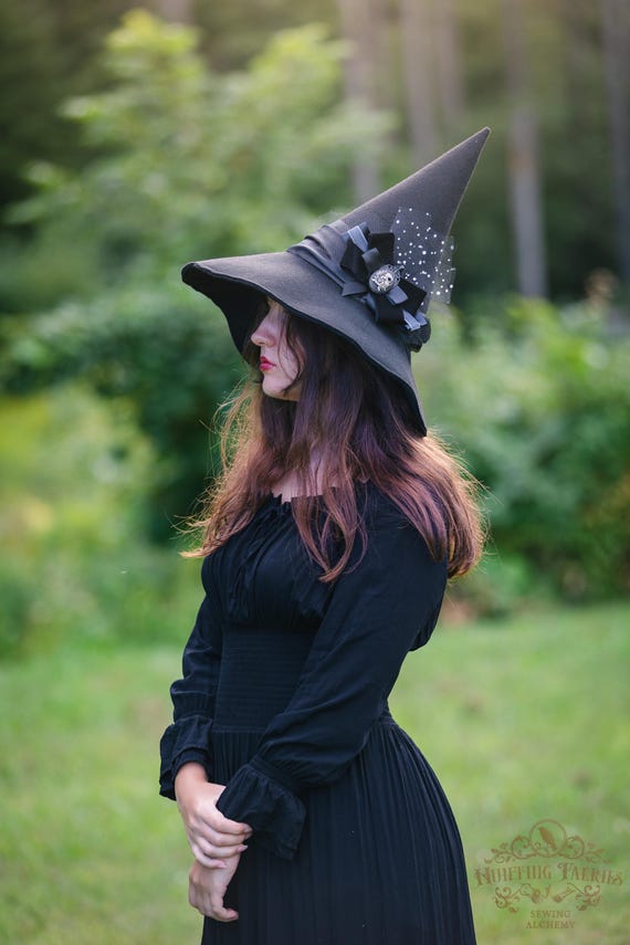 Phoebe Black Felt Witch Hat with Slate Blue Velvet Ribbon and Cameo