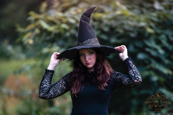 Charlotte  the Spider Web Shaped Witch Hat for Costume, Gold band, Cosplay, side crook, large brim witches hat, Oversized and Tall hat