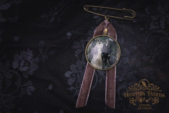 Aunt Bertha & Uncle Raoul on their wedding day Victorian Brooch Kilt Pin and Velvet Ribbon, Witch Hat Accessory, Halloween,Witchcore Jewelry