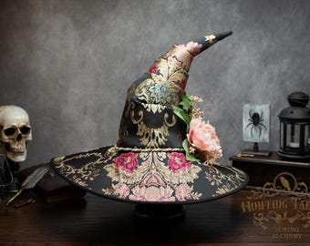 Witch Hat ~Roseus~ Crooked, Pink and Gold Floral Brocade with Floral accent
