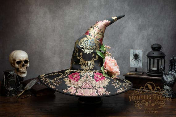 Witch Hat ~Roseus~ Crooked, Pink and Gold Floral Brocade with Floral accent