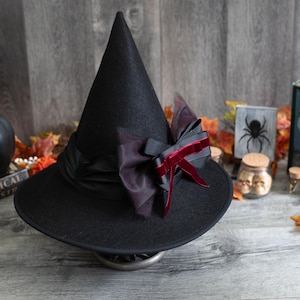 Hazel Black Felt Witch Hat: Short Cone, Wired Brim & Ribbon Bow