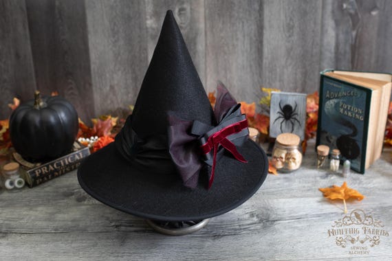 Hazel Witch Hat in Black Felt, Short Coned hat, wired brim, Ribbon Bow Pin, Petite witch hat, dark academia witch hat, ren faire witch hat