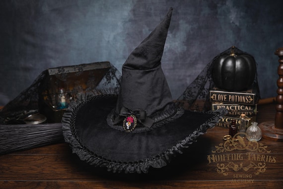 Starling~ Black Velour Crooked Witch Hat: Hand Embroidered Cameo, Ruffled Lace Brim