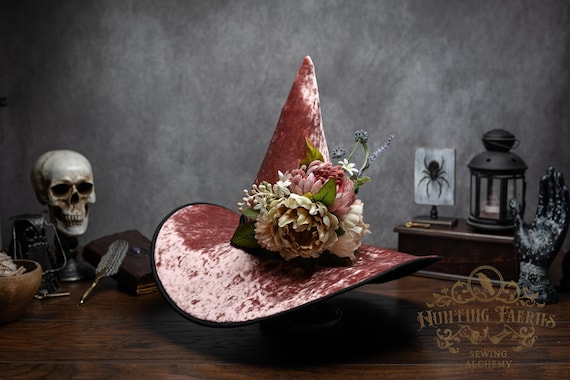 Witch Hat ~Elke~ Pink, Spring Floral Embellishment, Wide Brim