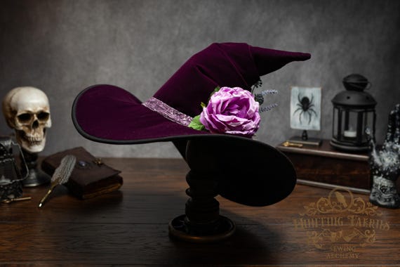 Witch Hat ~Aubergine~ Purple Velvet, Purple Ribbon with Floral Accents