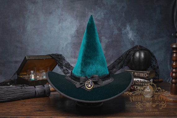 Adeline~ Green Velvet Witch Hat: Pointed Cone with Hand Embroidered Brooch of Witches Broom