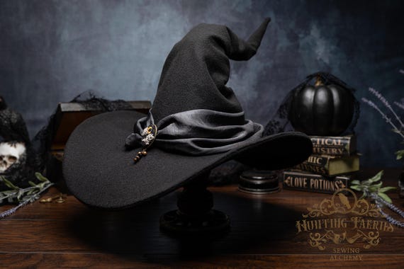 Wren X-Large Brim Black Felt Witch Hat: Hand Embroidered Cameo & Silk Scarf