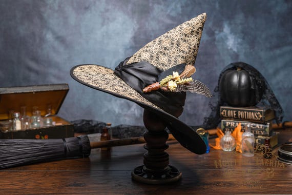 Ready to Ship~ Adeline~Vintage Brown Toned Witch Hat with Satin Band and Feathers