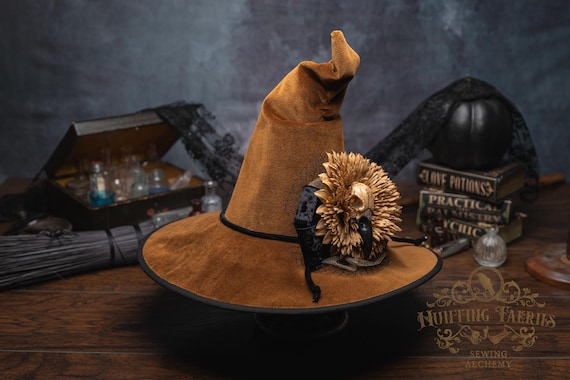 Sparrow~Golden Brown Witch Hat: Crooked Cone, Bow with Flower and Crow Skull