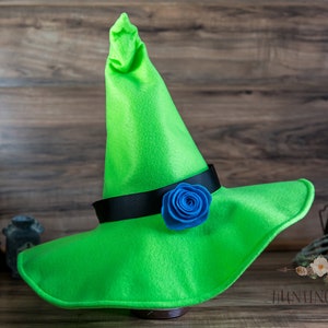 Luna Lime Green Felt Witch Hat: Cosplay Costume with Optional Bat Bow Decortion