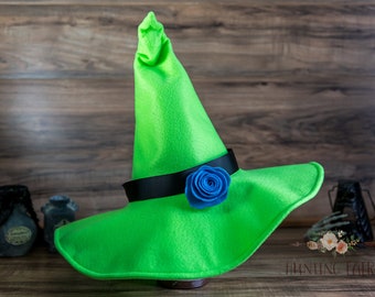 Luna Lime Green Felt Witch Hat: Cosplay Costume with Optional Bat Bow Decortion