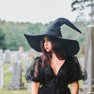 Beatrice Extra Large Brim Witch Hat in Black Felt, bent cone witch hat, ren faire hat, sorceress hat, hedge witch hat, classic witch hat