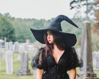 Beatrice Extra Large Brim Witch Hat in Black Felt, bent cone witch hat, ren faire hat, sorceress hat, hedge witch hat, classic witch hat