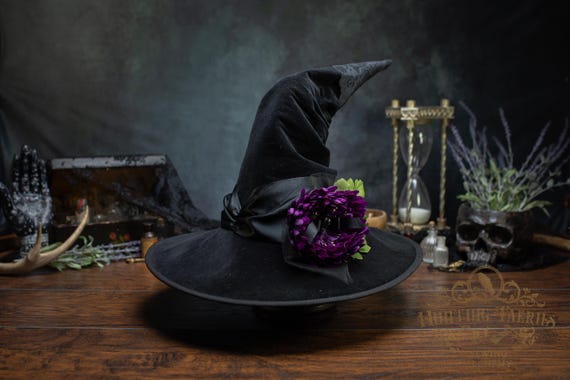Azalea the Black Crooked Witch Hat with Purple Flower