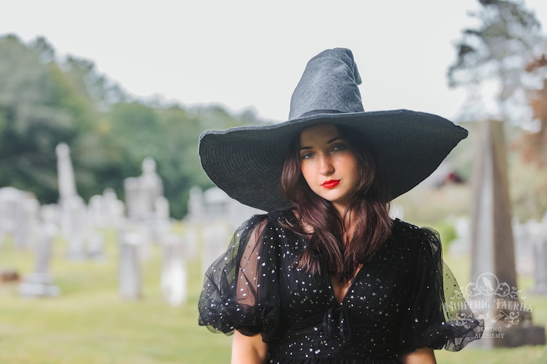 Beatrice Extra Large Brim Witch Hat in Charcoal Felt, crooked witch hat, ren faire hat, sorceress hat, hedge witch hat, classic witch hat image 4