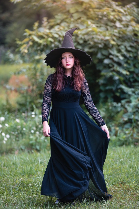 Charlotte  the Spider Web Shaped Witch Hat for Costume, Gold band, Cosplay, side crook, large brim witches hat, Oversized and Tall hat