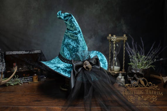Sapphire the Side Crooked Witch Hat in Turquoise with Satin and Tulle Ribbon with Cat Skull